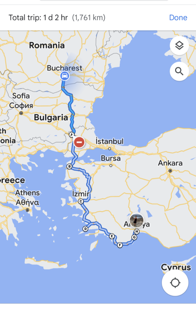 Bucharest to Antalya itinerary map