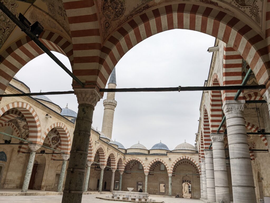 Üç Şerefeli Mosque, Edirne. Built between 1438 and 1447, also known as Burmalı (Three Balconies) Mosque, due to the unusual minaret.